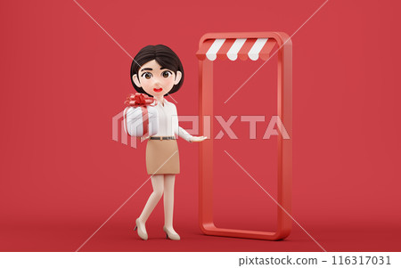 Cartoon girl with gift box, 3d rendering. 116317031