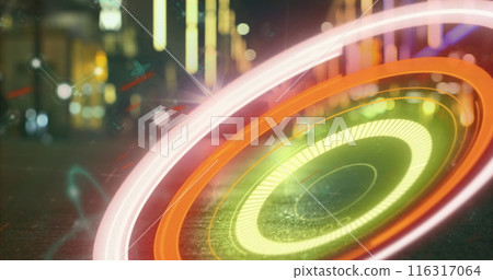 Image of neon circles over night blurred cityscape 116317064