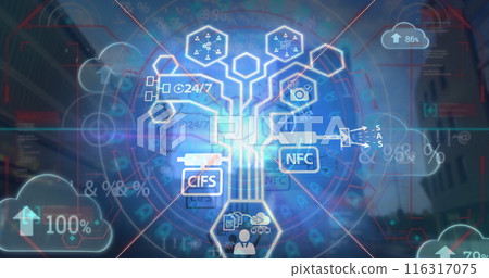 Image of data processing with icons over tall buildings 116317075