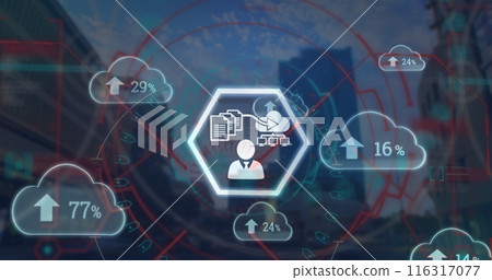 Image of data processing with icons over tall buildings Image of data processing with icons over tall buildings 116317077