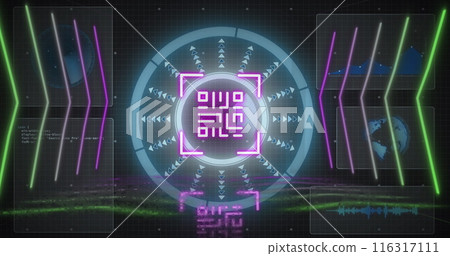 Image of qr code and scope scanning over neon lines on black background 116317111