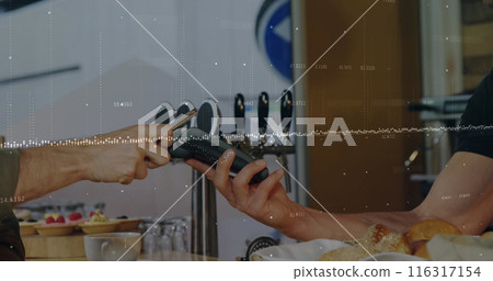 Image of statistical data processing over caucasian man making a payment by terminal Image of statistical data processing over caucasian man making a payment by terminal 116317154