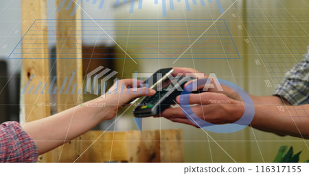 Image of statistical data processing over caucasian woman making a payment by terminal 116317155