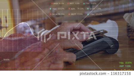 Image of stock market data processing over mid section of man making a payment by smartphone 116317158