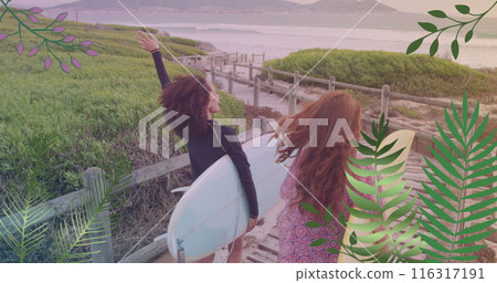 Image of happy diverse female surfers walking with surfing boards 116317191