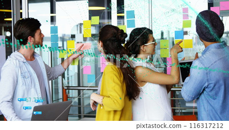 Image of data processing over diverse business people taking notes 116317212