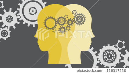 Image of cogs over yellow faces on grey background with cogs 116317238