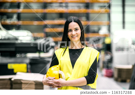 Warehouse employees in warehouse. Two workers in reflective clothing in modern industrial factory, heavy industry, manufactrury. 116317288