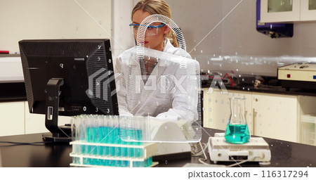 Image of security padlock icon over caucasian female scientist using computer at laboratory Image of security padlock icon over caucasian female scientist using computer at laboratory 116317294