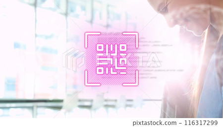 Image of data processing and qr code over caucasian woman using smartphone 116317299