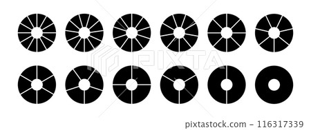 Circle division infographic icon set. Pie chart divided 8,9,10 equal parts. Pizza or donut round diagram. Infographic circular wheel fraction. Vector illustration isolated on white background Circle division infographic icon set. Pie chart divided 8,9,10 equal parts. Pizza or donut round diagram. Infographic circular wheel fraction. Vector illustration isolated on white background 116317339