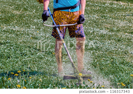 Groundskeeper did not protect skin of legs when working with weed eater shins became covered in shredded grass particles. 116317343