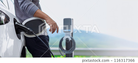 Electric car charging with station, EV fuel advance an modern eco system. Electric car charging with station, EV fuel advance an modern eco system. 116317366