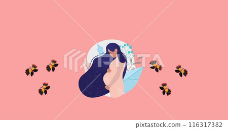 Image of pregnant woman with long hair touching belly and butterflies flying on pink background Image of pregnant woman with long hair touching belly and butterflies flying on pink background 116317382