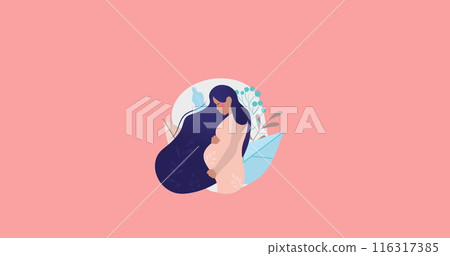 Image of pregnant woman with long hair touching belly  on pink background 116317385