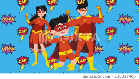 Image of father, mother and son in superhero costume against pow and zap text banners Image of father, mother and son in superhero costume against pow and zap text banners 116317406