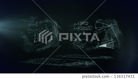 Image of network of connections and light spot over chalkboards with mathematical equations 116317431