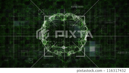Image of data processing and scope scanning over spinning human brain icon on green background 116317432