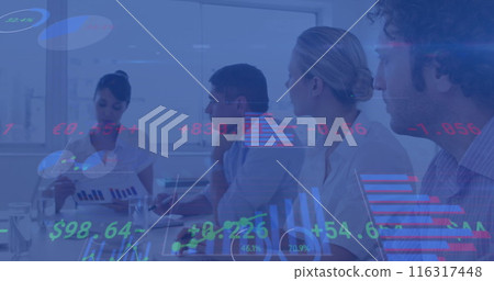 Image of financial data processing over diverse business people having meeting at office Image of financial data processing over diverse business people having meeting at office 116317448