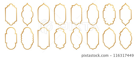 Gold traditional islamic window shape, muslim architecture frames or moroccan arabian doors 116317449