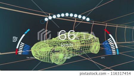 Image of speedometer over 3d car model moving seamless pattern in a tunnel on black background Image of speedometer over 3d car model moving seamless pattern in a tunnel on black background 116317454