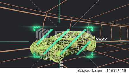 Image of green scanner over 3d car model moving seamless pattern in a tunnel on black background 116317456