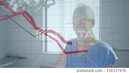 Image of financial data processing over caucasian female doctor 116317476