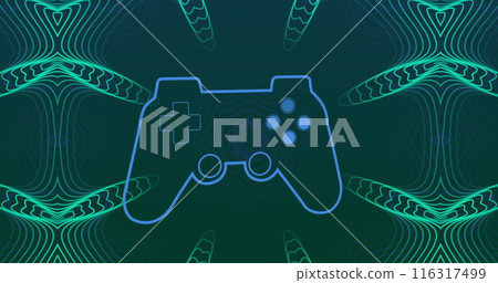 Image of game controller over abstract patterns against blue background Image of game controller over abstract patterns against blue background 116317499