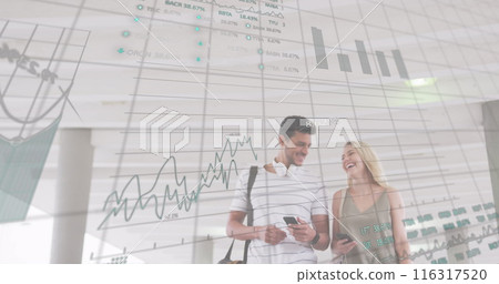 Image of data processing over caucasian couple walking Image of data processing over caucasian couple walking 116317520