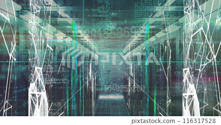 Image of changing numbers and data processing over plexus networks against server room 116317528