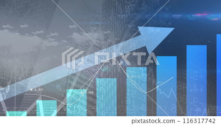 Image of statistical data processing over clouds in the sky against tall buildings 116317742