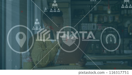 Image of network of digital icons over african american man reading a menu at a cafe 116317751
