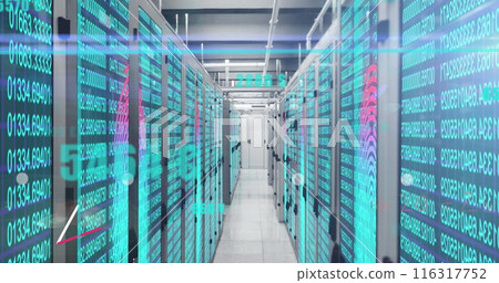Image of statistical data processing against biometric fingerprint scanner over server room 116317752