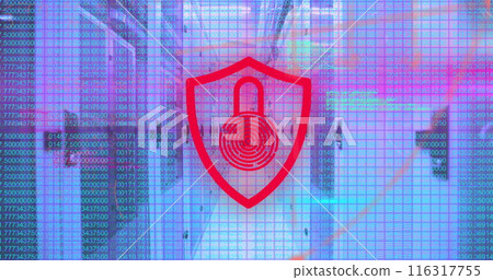Image of security padlock icon, mathematical equations and data processing over server room Image of security padlock icon, mathematical equations and data processing over server room 116317755