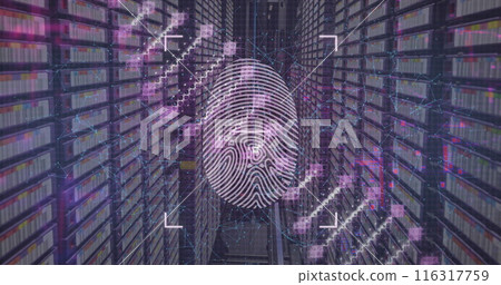Image of dna structure spinning over biometric fingerprint scanner against computer server room Image of dna structure spinning over biometric fingerprint scanner against computer server room 116317759