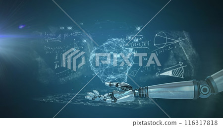 Image of robotic arm with shapes and data processing over mathematical equations 116317818