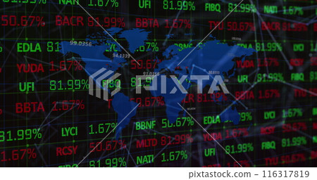 Image of financial data processing with connections and world map over black background 116317819