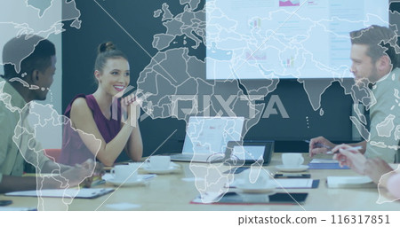 Image of world map against caucasian woman discussing with diverse colleagues at office Image of world map against caucasian woman discussing with diverse colleagues at office 116317851