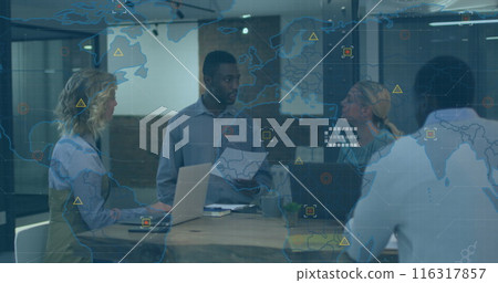 Image of world map over african american man discussing with diverse colleagues at office 116317857