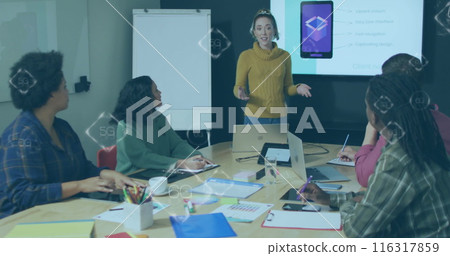 Image of multiple 5g and 6g text banners over caucasian woman giving a presentation at office 116317859