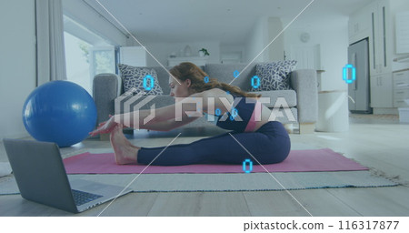 Image of caucasian woman exercising with laptop and binary coding data processing 116317877