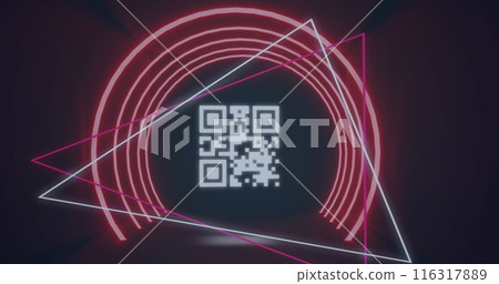 Image of qr code circles and triangles on black background Image of qr code circles and triangles on black background 116317889