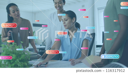 Image of numbers in bars over diverse female coworkers sharing ideas in office 116317912