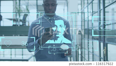 Image of numbers, icons, profile picture, african american man drinking coffee and using phone Image of numbers, icons, profile picture, african american man drinking coffee and using phone 116317922