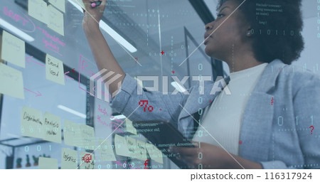 Image of computer language, binary codes over african american woman sticking note on glass wall Image of computer language, binary codes over african american woman sticking note on glass wall 116317924