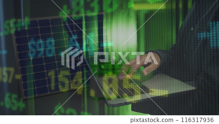 Image of financial data processing over mid section of male engineer using laptop at server room 116317936