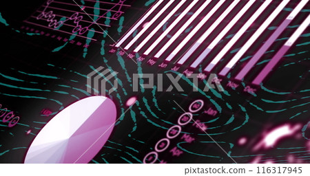 Image of data processing over green lines on black background 116317945