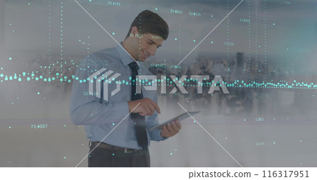 Image of data processing over caucasian businessman using tablet and cityscape 116317951