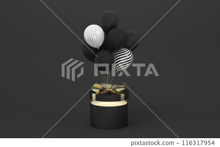 Balloons and presents with black background, 3d Balloons and presents with black background, 3d 116317954