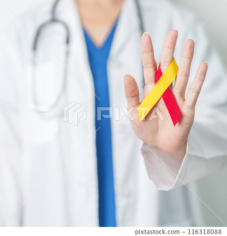 World hepatitis day awareness month, 28 July. Doctor holding Red and Yellow ribbon. Liver cancer, Jaundice, Cirrhosis, Failure, Enlarged, Hepatic Encephalopathy and Health concept World hepatitis day awareness month, 28 July. Doctor holding Red and Yellow ribbon. Liver cancer, Jaundice, Cirrhosis, Failure, Enlarged, Hepatic Encephalopathy and Health concept 116318088